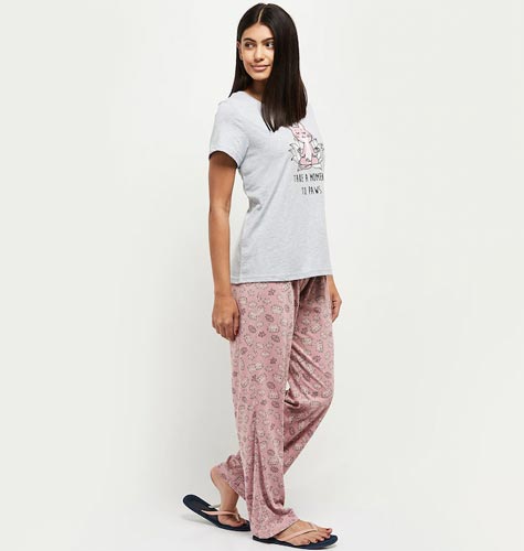 Women Grey Melange & Pink Printed Night suit 100% COTTON